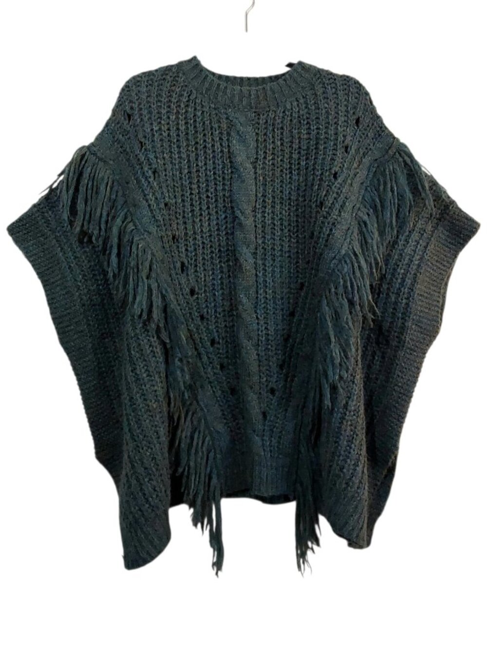 Anthropologie Fringe Cable Knit Poncho Sweater Marled Teal Oversized Boho - OS - Picture 3 of 10